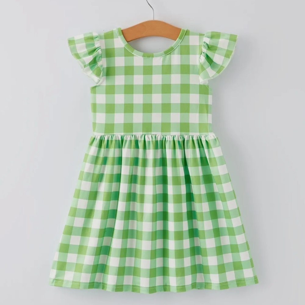 Green and White Checkered Ruffle Short Sleeve Dress NWOT Boutique - Picture 2 of 5